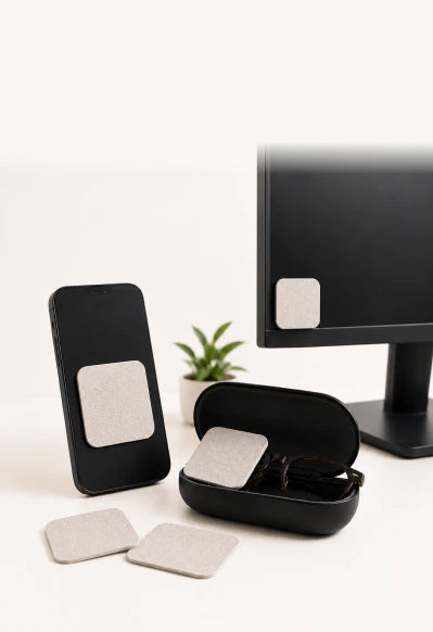 Jiffys pads on a phone, glasses, monitor, and desk